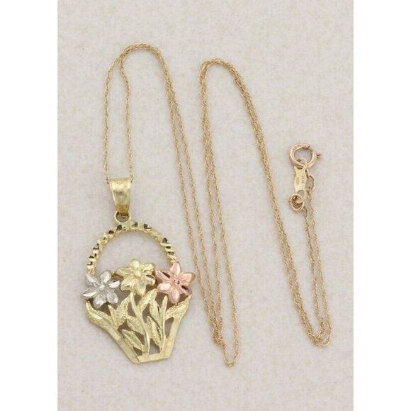 10k Yellow Gold White Gold Rose Gold Flower Basket Necklace 18" Chain - Picture 3 of 7